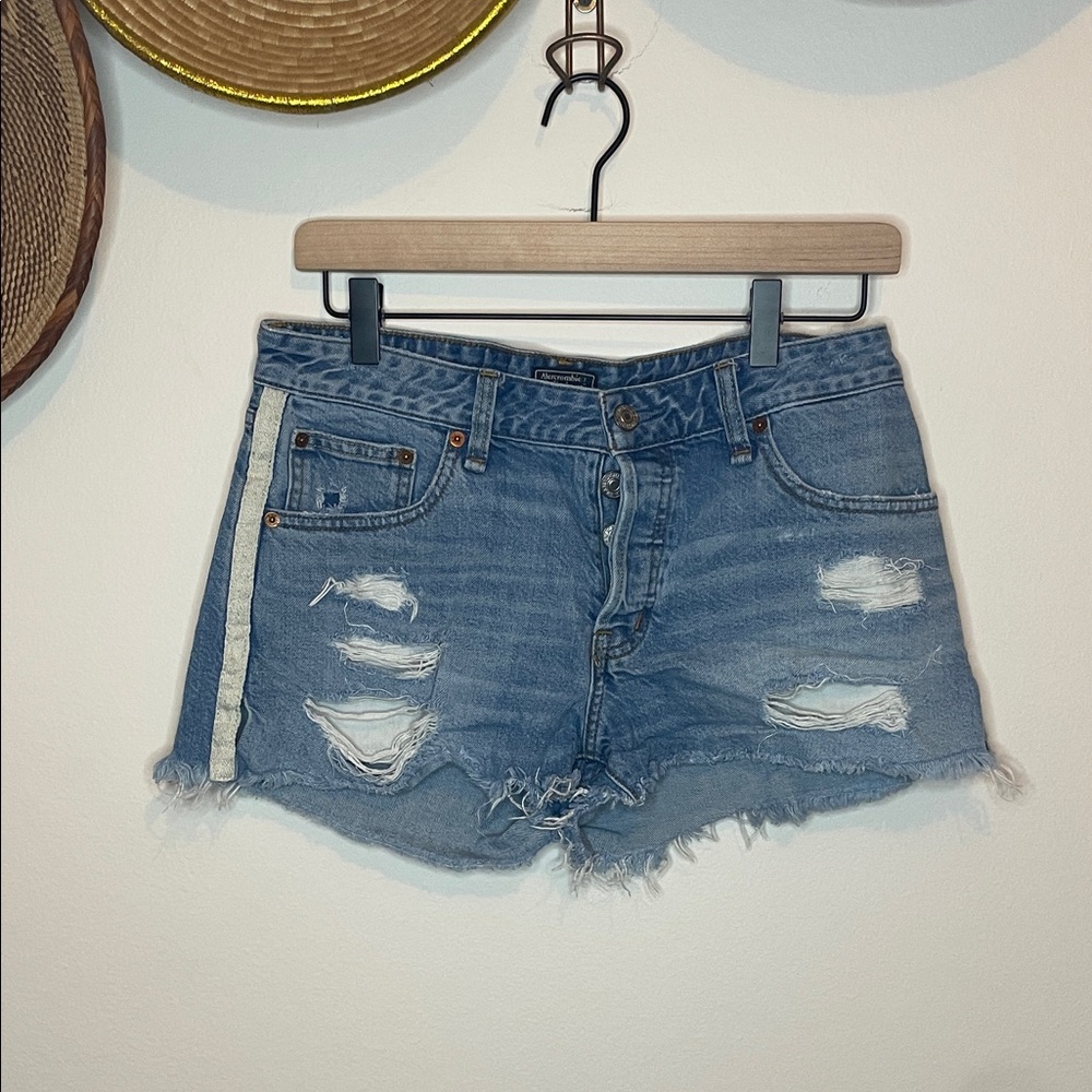 Abercrombie and Fitch Distressed Low-Rise Denim Shorts in Light Blue